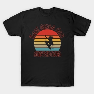 Yes! Girls Can Skateboard Retro Sunset Design T-Shirt